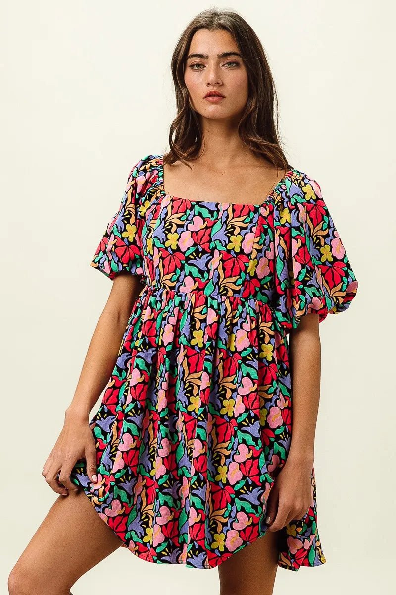 BiBi Floral Print Puff Square Neck Dress - Bitsy Gypsy Boutique
