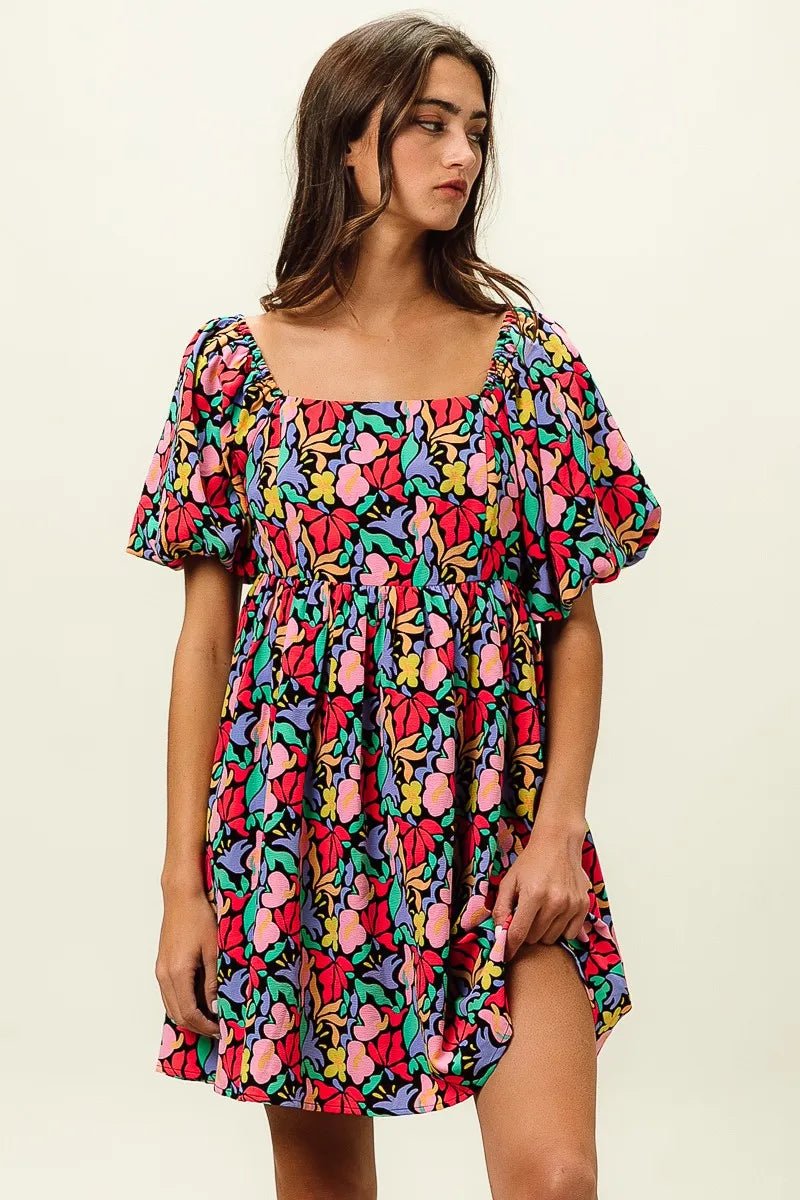 BiBi Floral Print Puff Square Neck Dress - Bitsy Gypsy Boutique
