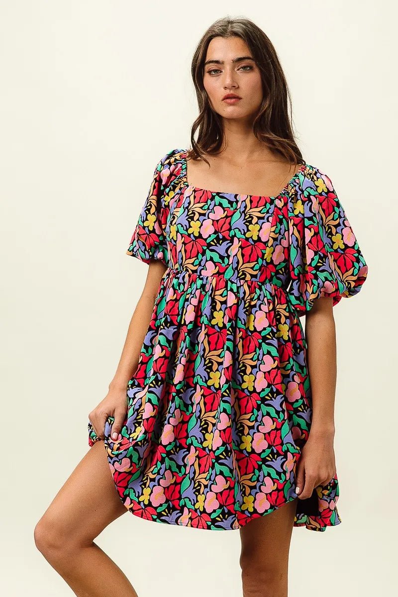 BiBi Floral Print Puff Square Neck Dress - Bitsy Gypsy Boutique