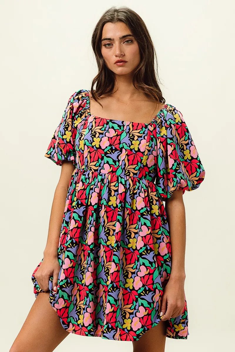 BiBi Floral Print Puff Square Neck Dress - Bitsy Gypsy Boutique