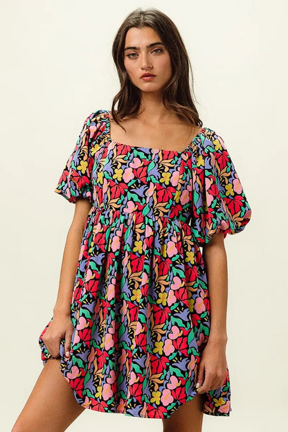 BiBi Floral Print Puff Square Neck Dress - Bitsy Gypsy Boutique
