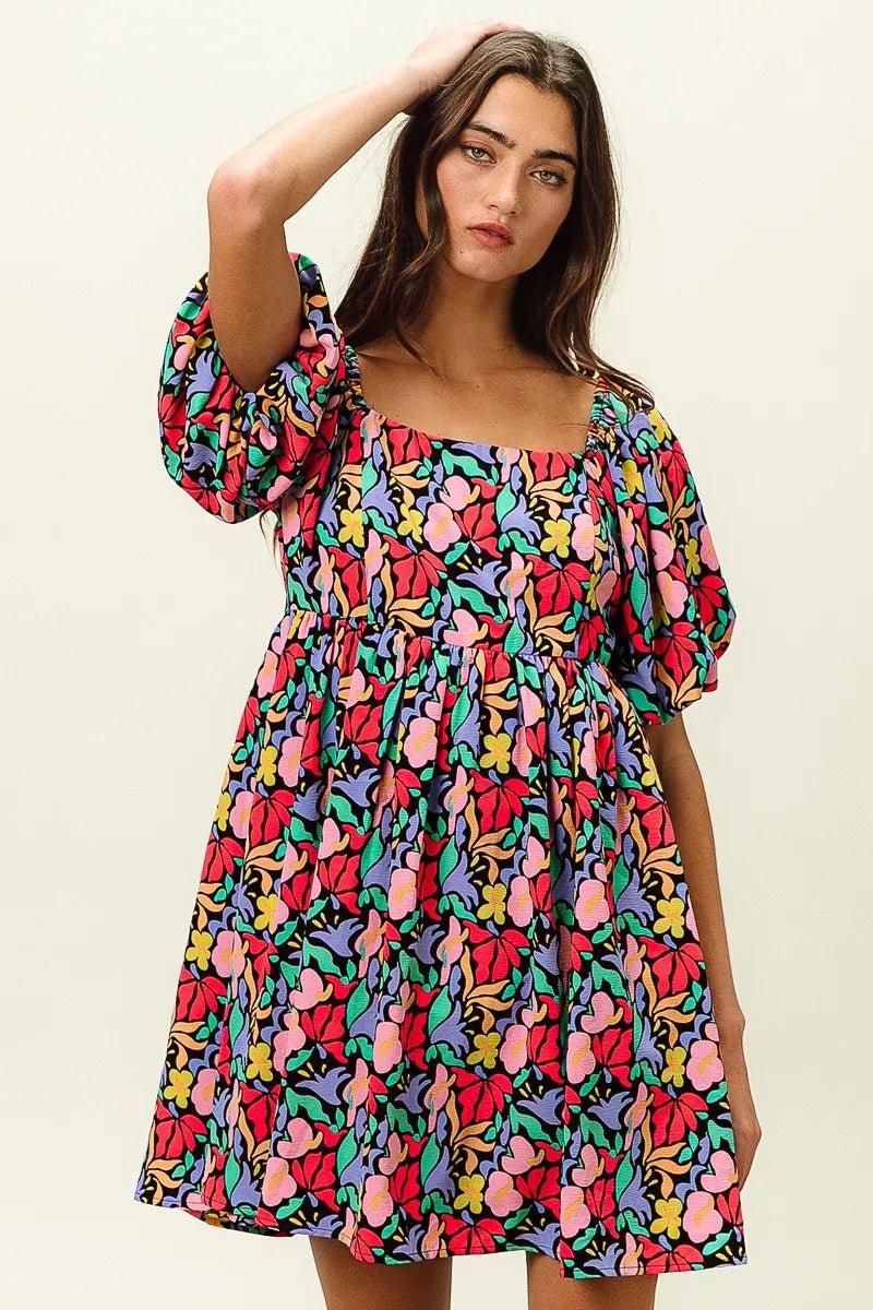 BiBi Floral Print Puff Square Neck Dress - Bitsy Gypsy Boutique
