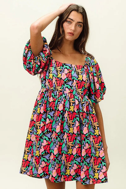 BiBi Floral Print Puff Square Neck Dress - Bitsy Gypsy Boutique