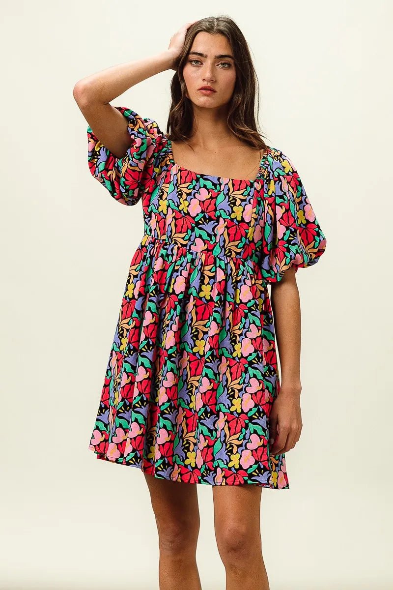 BiBi Floral Print Puff Square Neck Dress - Bitsy Gypsy Boutique