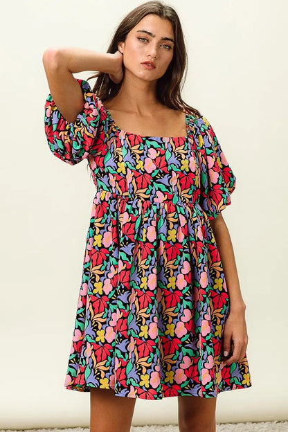 BiBi Floral Print Puff Square Neck Dress - Bitsy Gypsy Boutique