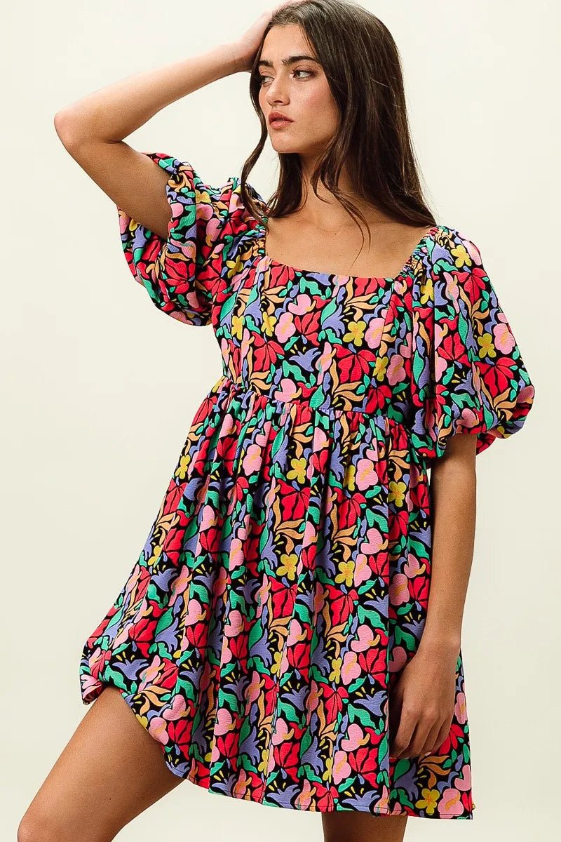BiBi Floral Print Puff Square Neck Dress - Bitsy Gypsy Boutique
