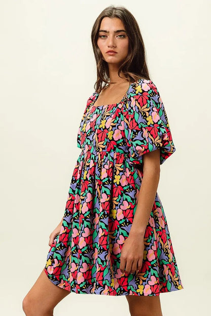 BiBi Floral Print Puff Square Neck Dress - Bitsy Gypsy Boutique