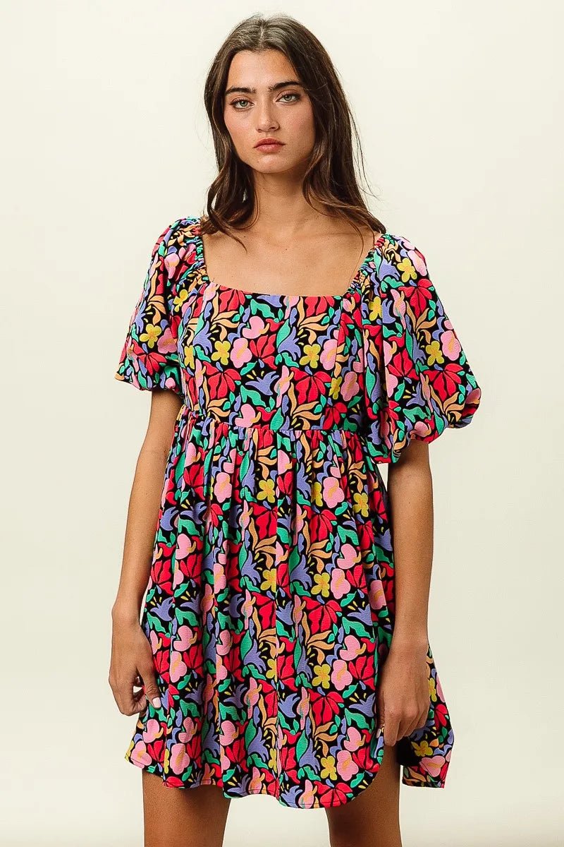 BiBi Floral Print Puff Square Neck Dress - Bitsy Gypsy Boutique