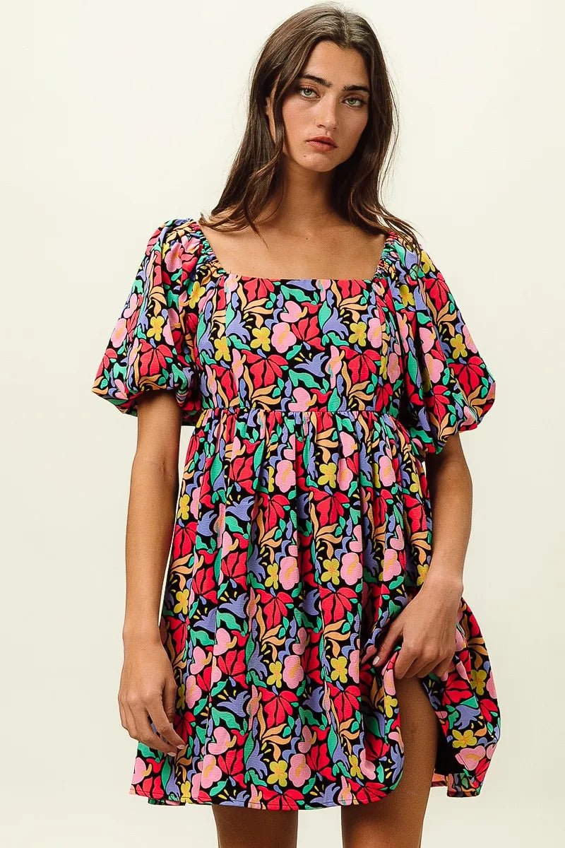 BiBi Floral Print Puff Square Neck Dress - Bitsy Gypsy Boutique