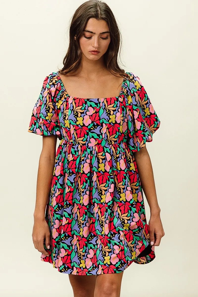 BiBi Floral Print Puff Square Neck Dress - Bitsy Gypsy Boutique