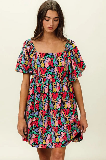 BiBi Floral Print Puff Square Neck Dress - Bitsy Gypsy Boutique