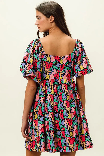 BiBi Floral Print Puff Square Neck Dress - Bitsy Gypsy Boutique