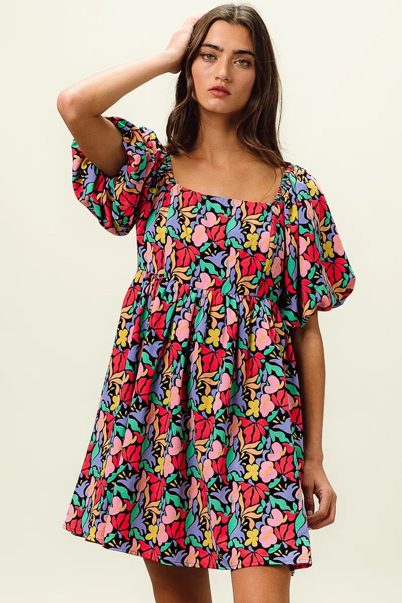 BiBi Floral Print Puff Square Neck Dress - Bitsy Gypsy Boutique