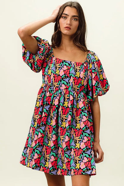 BiBi Floral Print Puff Square Neck Dress - Bitsy Gypsy Boutique