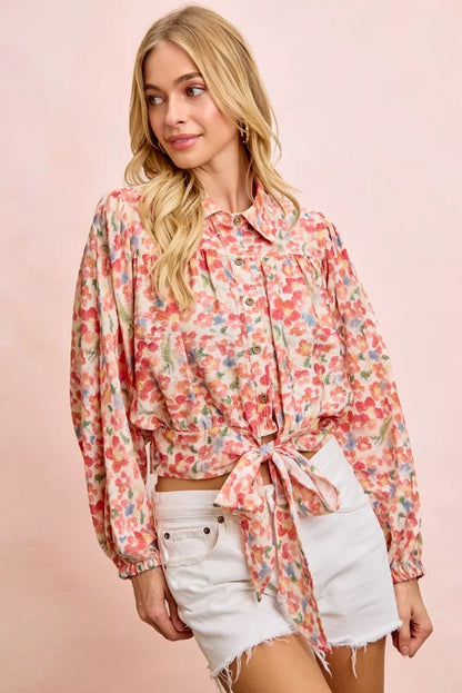 BiBi Floral Print Tie Hem Detail Crop Shirt - Bitsy Gypsy Boutique