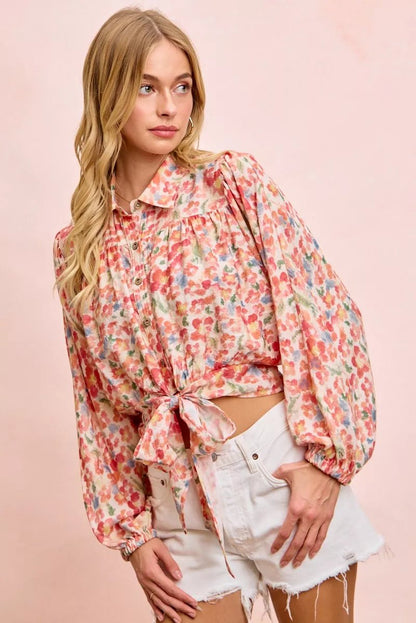 BiBi Floral Print Tie Hem Detail Crop Shirt - Bitsy Gypsy Boutique