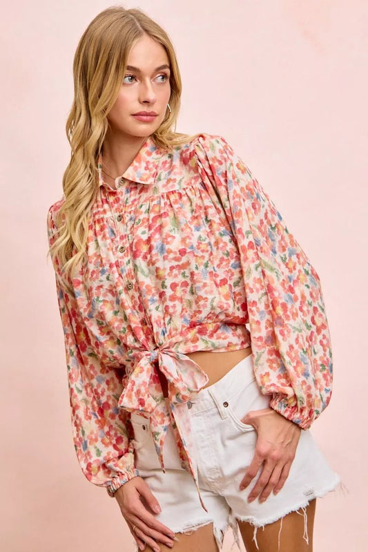 BiBi Floral Print Tie Hem Detail Crop Shirt - Bitsy Gypsy Boutique