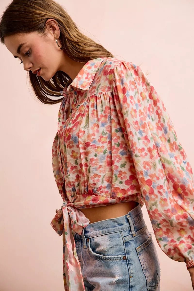 BiBi Floral Print Tie Hem Detail Crop Shirt - Bitsy Gypsy Boutique