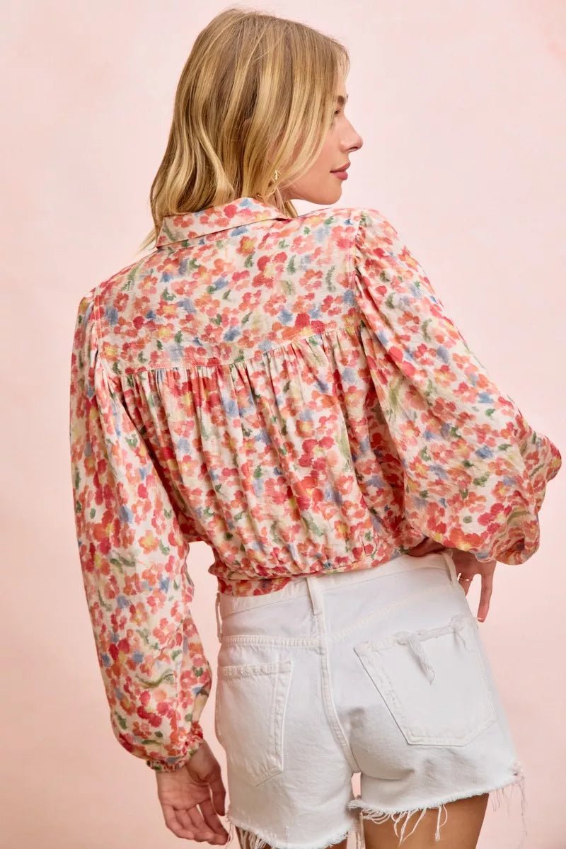 BiBi Floral Print Tie Hem Detail Crop Shirt - Bitsy Gypsy Boutique