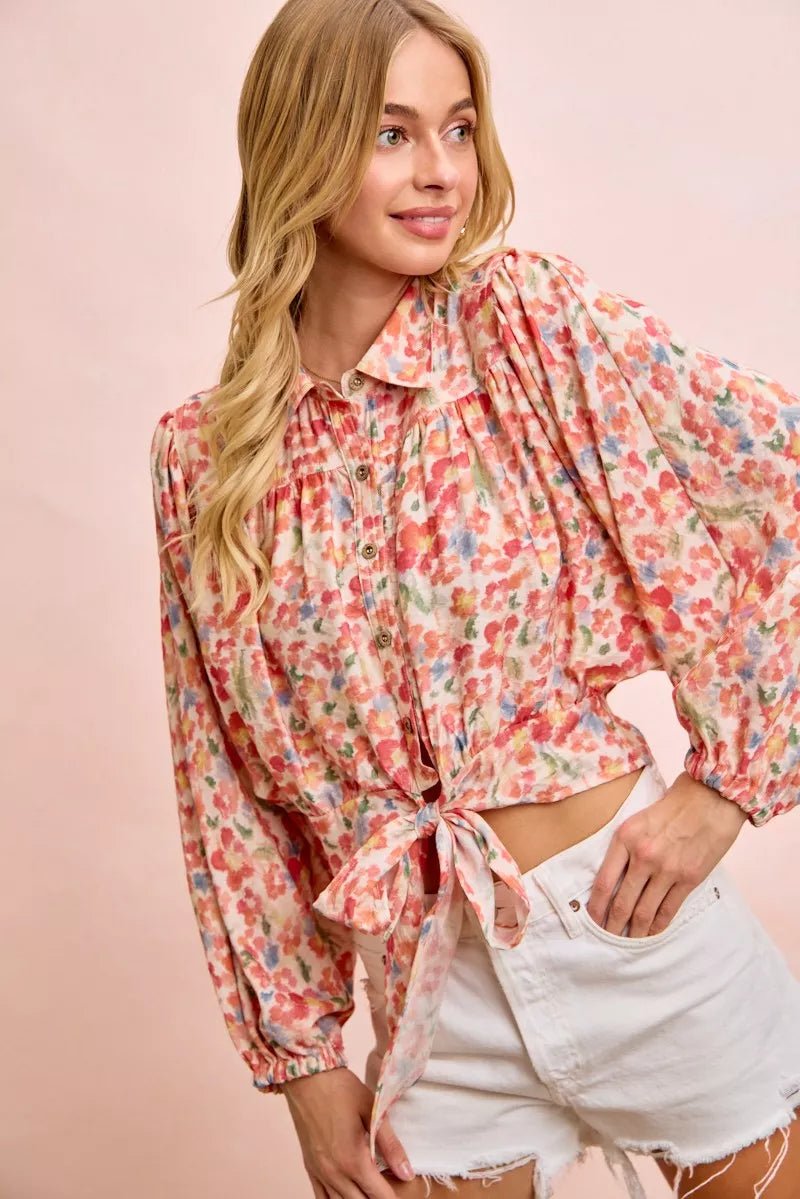 BiBi Floral Print Tie Hem Detail Crop Shirt - Bitsy Gypsy Boutique