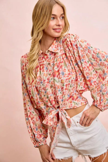 BiBi Floral Print Tie Hem Detail Crop Shirt - Bitsy Gypsy Boutique