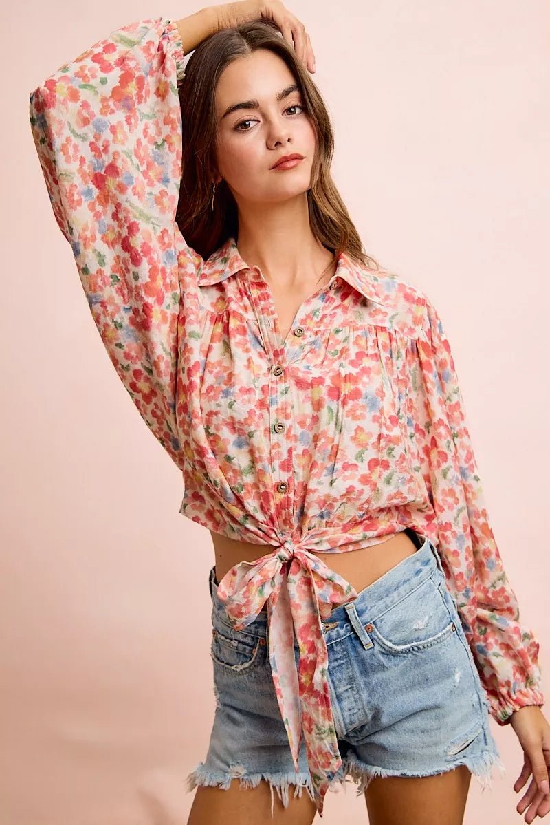 BiBi Floral Print Tie Hem Detail Crop Shirt - Bitsy Gypsy Boutique