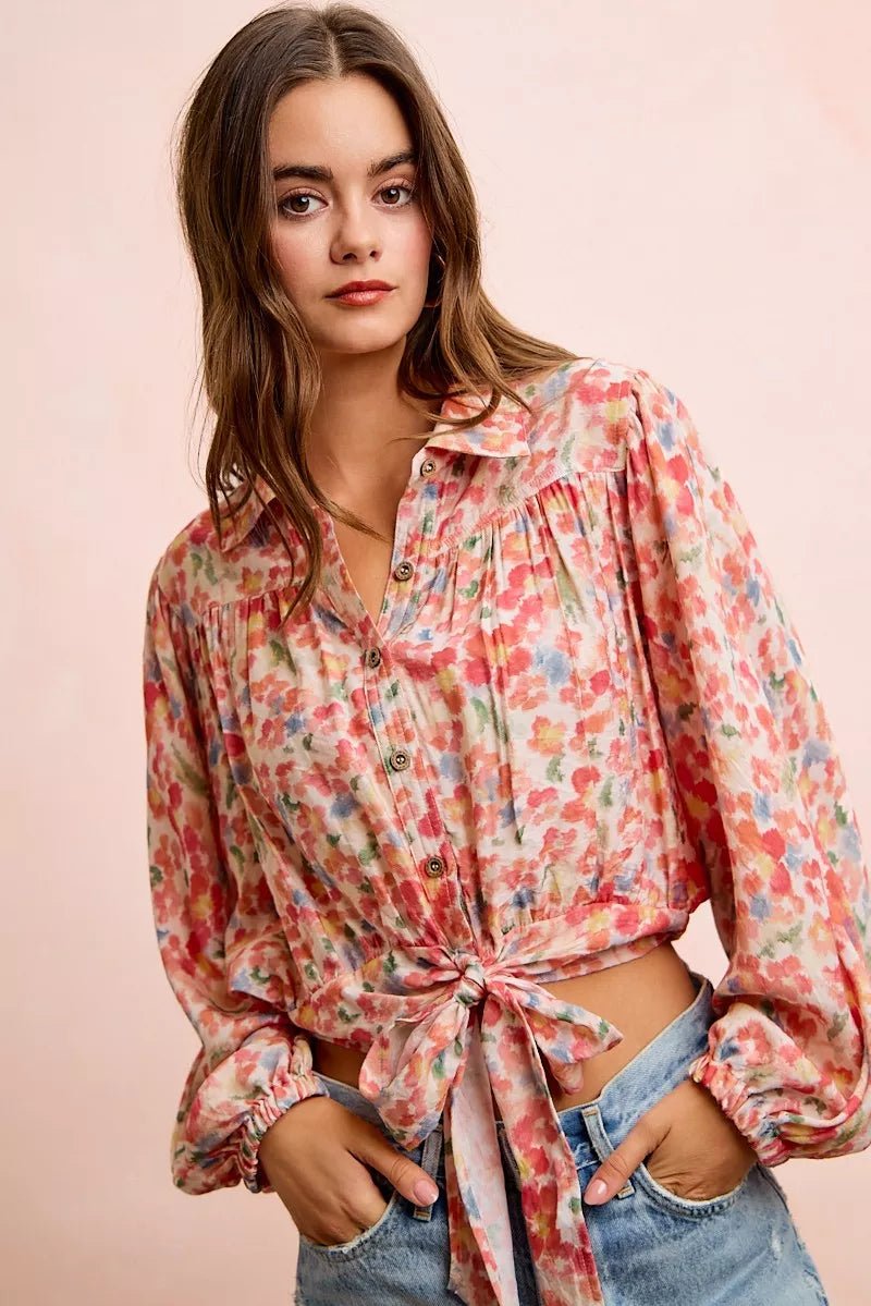 BiBi Floral Print Tie Hem Detail Crop Shirt - Bitsy Gypsy Boutique