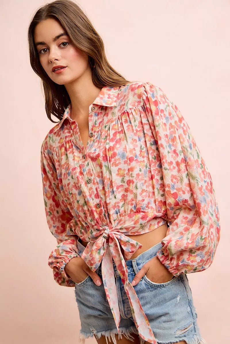 BiBi Floral Print Tie Hem Detail Crop Shirt - Bitsy Gypsy Boutique