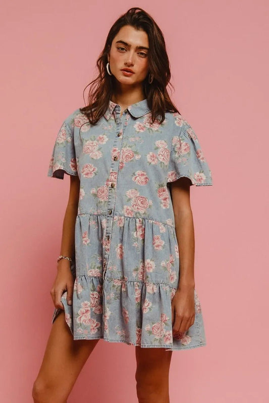 BiBi Floral Print Washed Lightweight Tiered Shirt Dress - Bitsy Gypsy Boutique