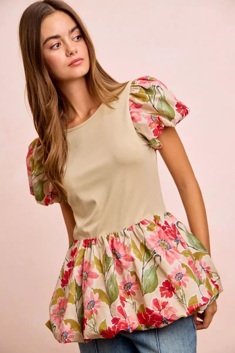 BiBi Floral Printed Bubble Sleeves and Hem Peplum Top - Bitsy Gypsy Boutique