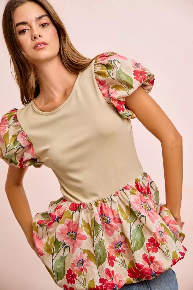 BiBi Floral Printed Bubble Sleeves and Hem Peplum Top - Bitsy Gypsy Boutique