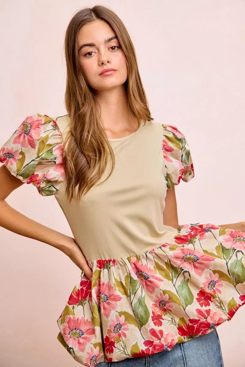 BiBi Floral Printed Bubble Sleeves and Hem Peplum Top - Bitsy Gypsy Boutique