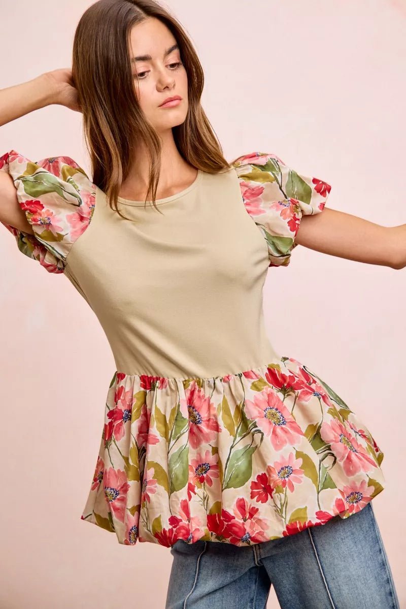 BiBi Floral Printed Bubble Sleeves and Hem Peplum Top - Bitsy Gypsy Boutique