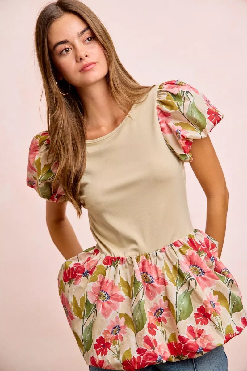BiBi Floral Printed Bubble Sleeves and Hem Peplum Top - Bitsy Gypsy Boutique