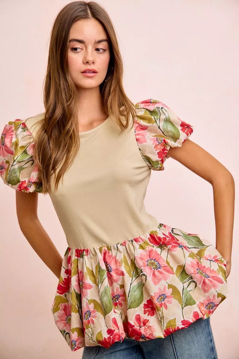 BiBi Floral Printed Bubble Sleeves and Hem Peplum Top - Bitsy Gypsy Boutique