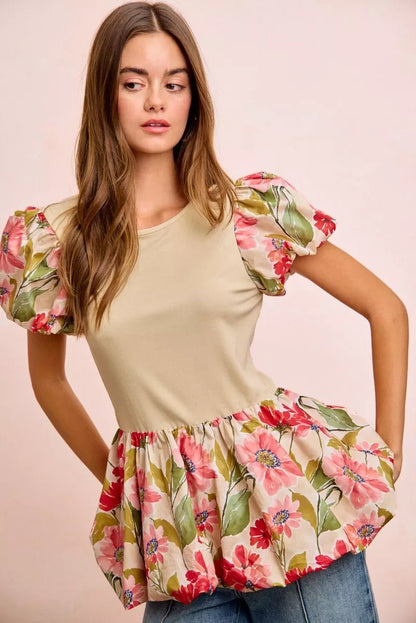 BiBi Floral Printed Bubble Sleeves and Hem Peplum Top - Bitsy Gypsy Boutique