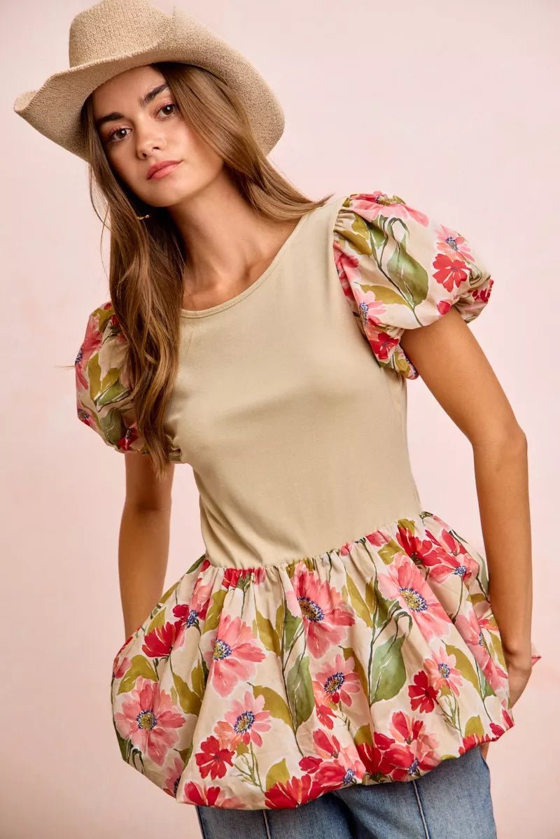 BiBi Floral Printed Bubble Sleeves and Hem Peplum Top - Bitsy Gypsy Boutique