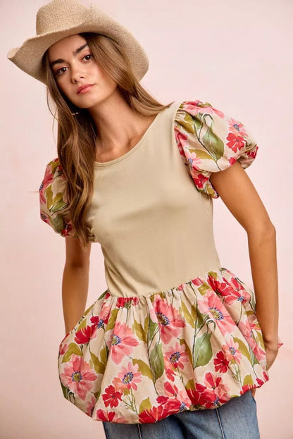 BiBi Floral Printed Bubble Sleeves and Hem Peplum Top - Bitsy Gypsy Boutique
