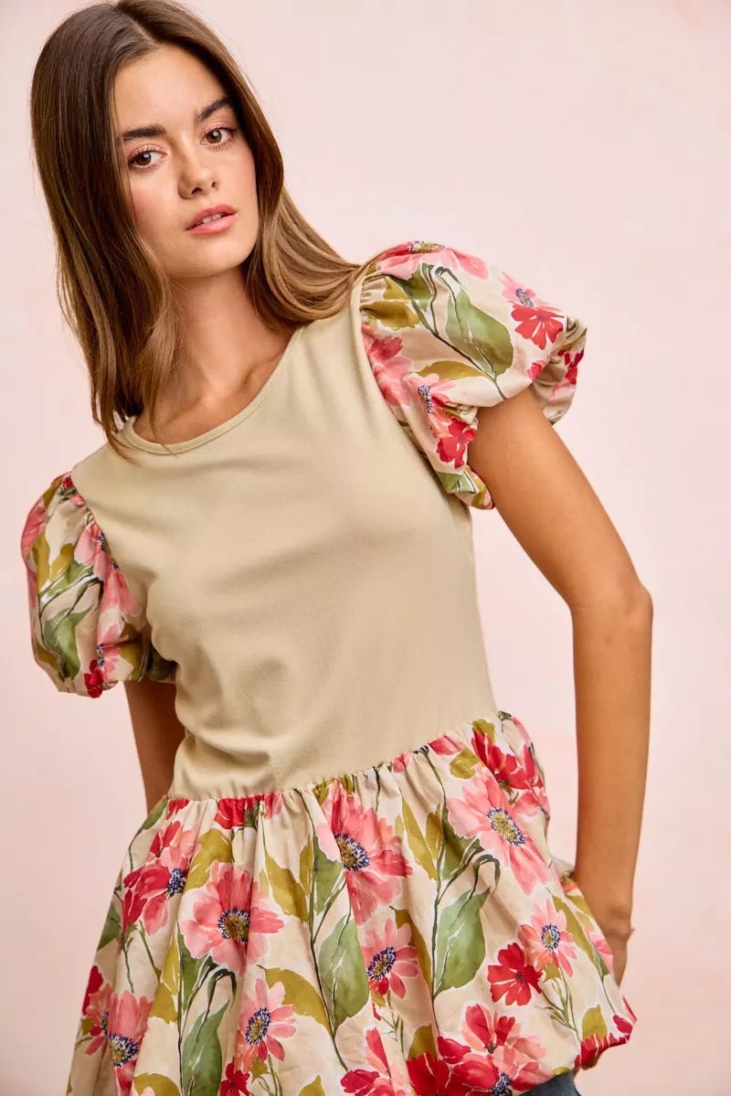 BiBi Floral Printed Bubble Sleeves and Hem Peplum Top - Bitsy Gypsy Boutique
