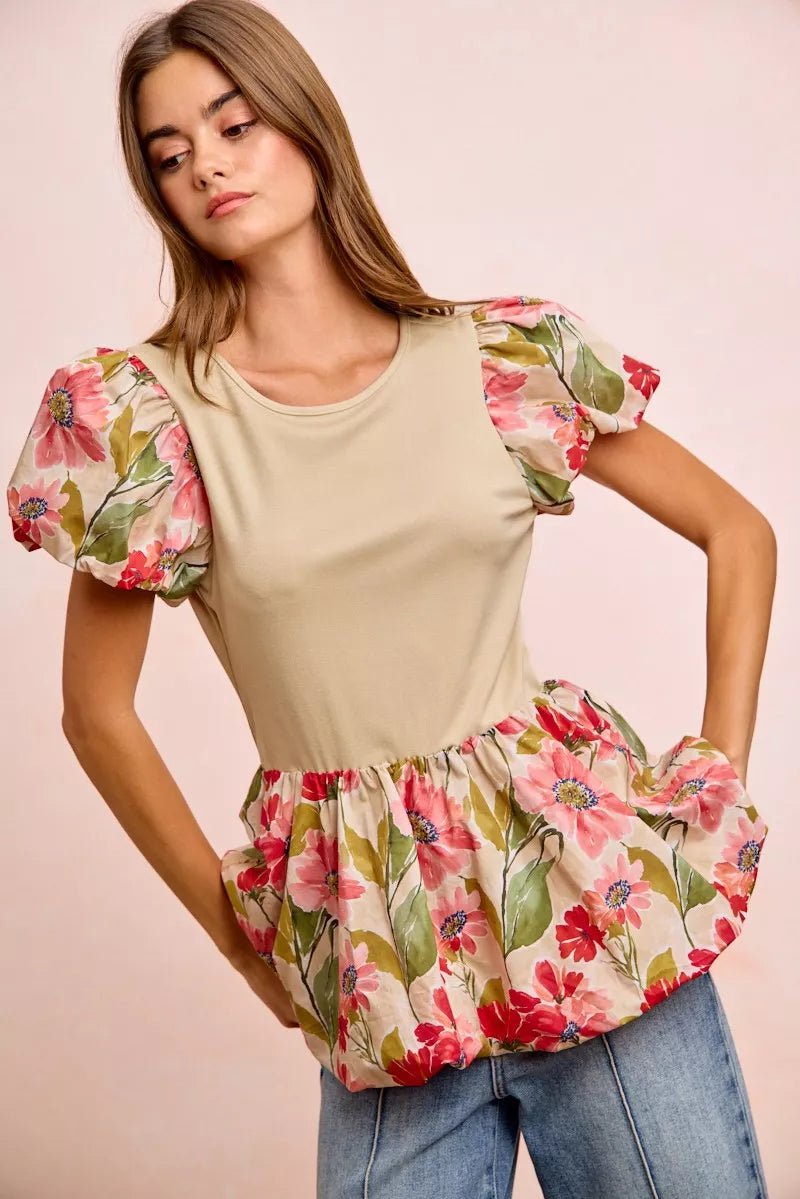 BiBi Floral Printed Bubble Sleeves and Hem Peplum Top - Bitsy Gypsy Boutique