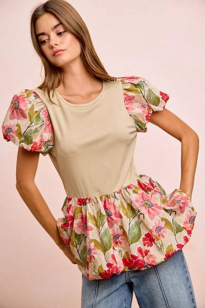 BiBi Floral Printed Bubble Sleeves and Hem Peplum Top - Bitsy Gypsy Boutique