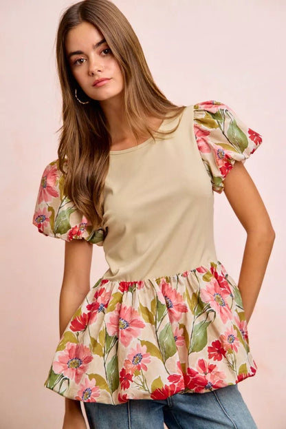 BiBi Floral Printed Bubble Sleeves and Hem Peplum Top - Bitsy Gypsy Boutique
