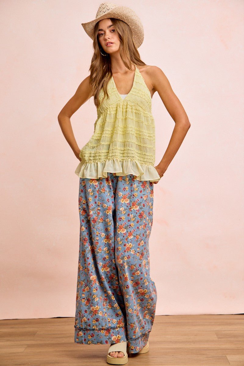 BiBi Floral Printed Drawstring Wide Pants - Bitsy Gypsy Boutique