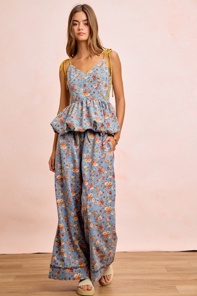 BiBi Floral Printed Drawstring Wide Pants - Bitsy Gypsy Boutique