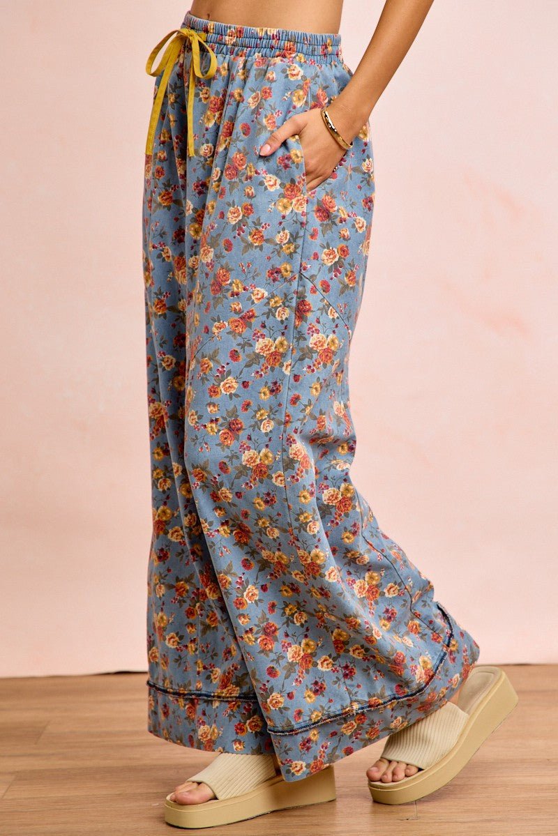 BiBi Floral Printed Drawstring Wide Pants - Bitsy Gypsy Boutique