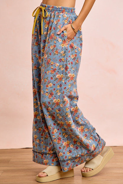 BiBi Floral Printed Drawstring Wide Pants - Bitsy Gypsy Boutique