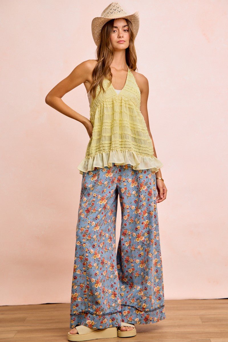 BiBi Floral Printed Drawstring Wide Pants - Bitsy Gypsy Boutique