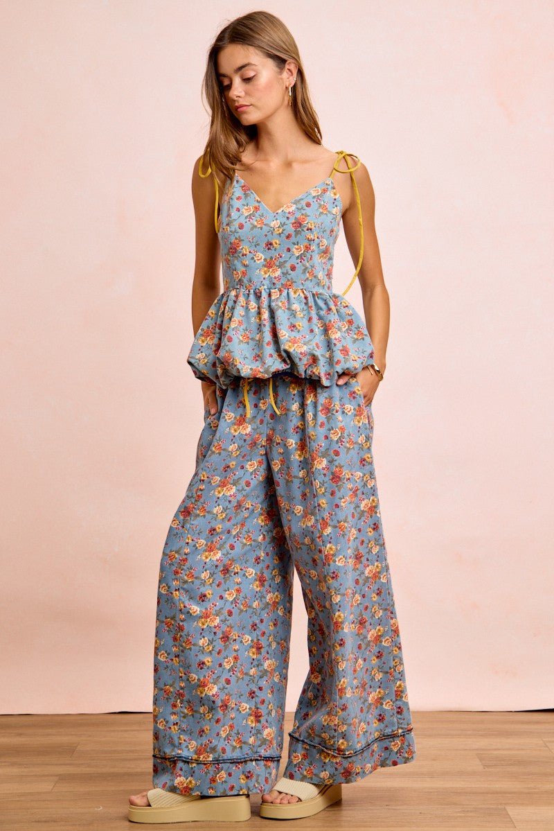 BiBi Floral Printed Drawstring Wide Pants - Bitsy Gypsy Boutique