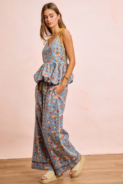 BiBi Floral Printed Drawstring Wide Pants - Bitsy Gypsy Boutique