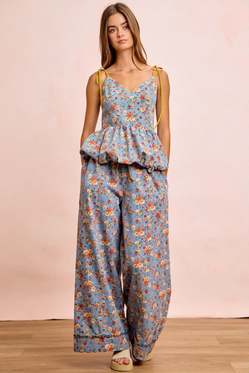 BiBi Floral Printed Drawstring Wide Pants - Bitsy Gypsy Boutique